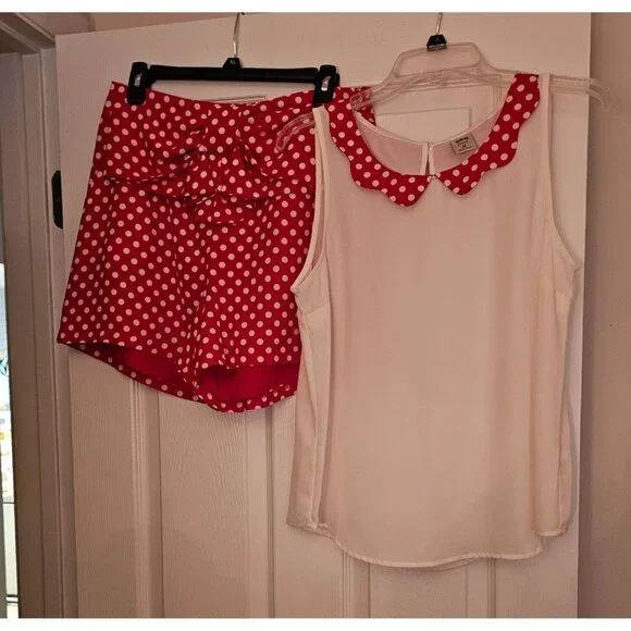 Disney/Lauren Conrad Collab Minnie Mouse Red & White Polka Dot Shorts Set Sz M - Picture 1 of 13